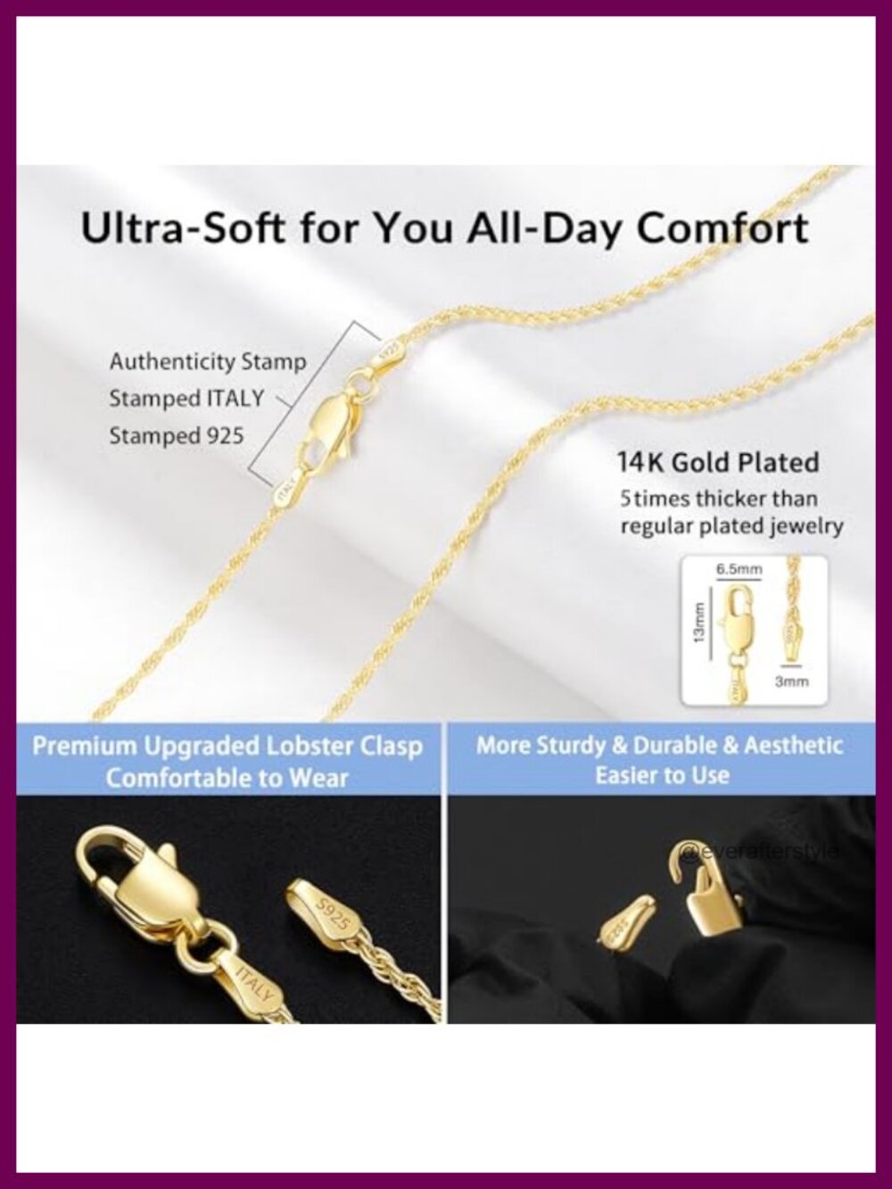 Sterling Silver Rope Chain Necklace, Gold Plated 925 Silver